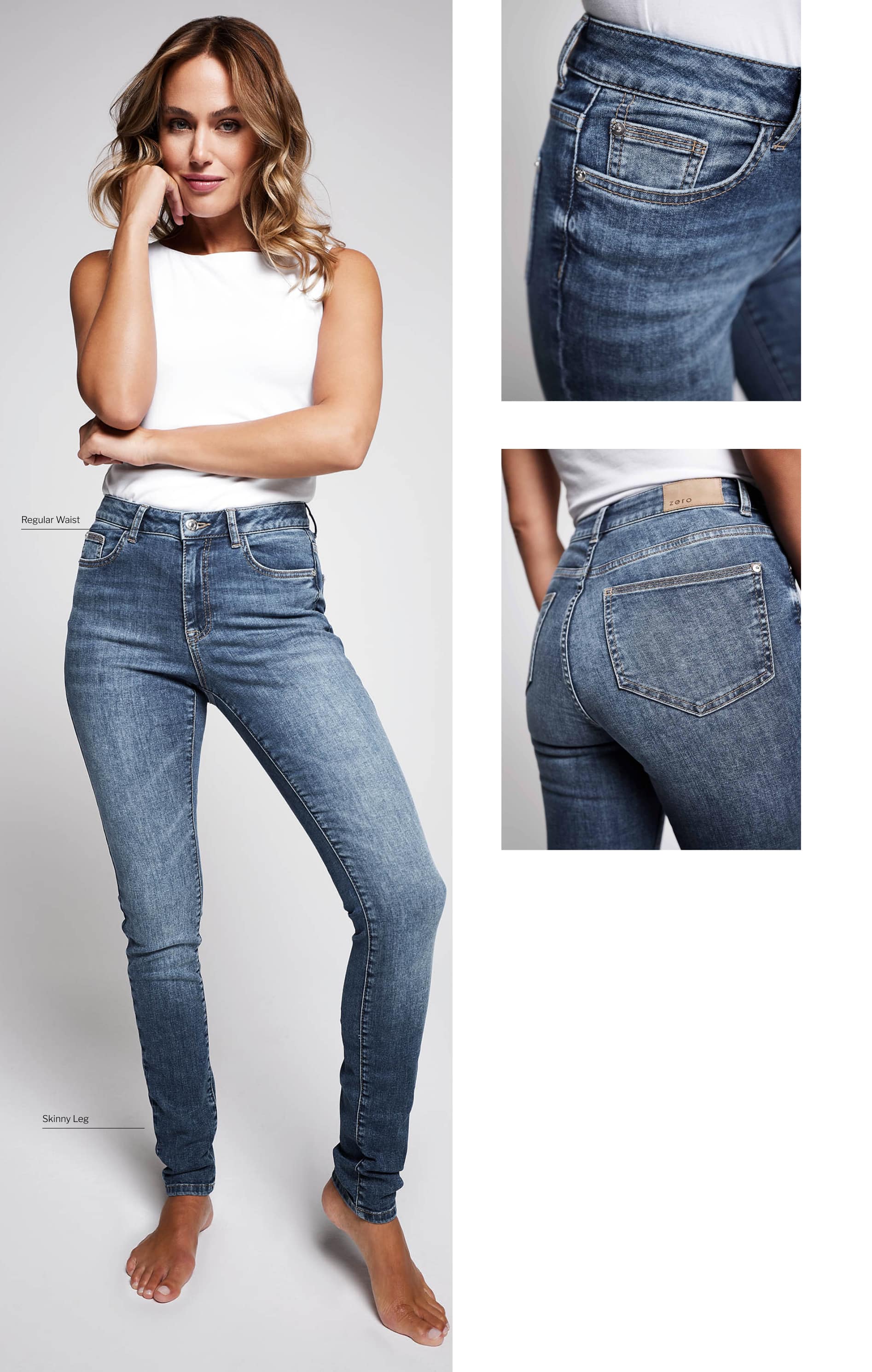 Eine Frau trägt ein weißes ärmelloses Oberteil und eine hochgeschnittene Jeans mit engem Bein und steht barfuß. Zwei Nahaufnahmen auf der rechten Seite zeigen die Gesäßtaschen und die Verzierungen der Jeans.